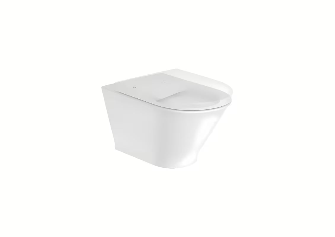 Bel viseča WC školjka Roca The Gap z izvedbo Rimless in sijajno glazirano površino.