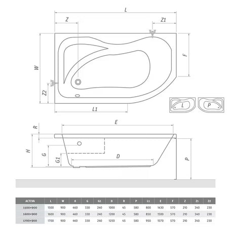 Roth Activa asimetrična kotna akrilna kad desna 170 x 90 cm