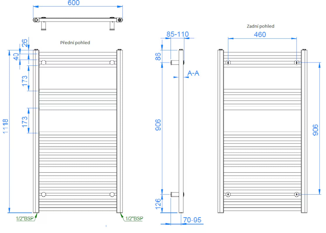Kombiniran kopalniški radiator S-Line 600 x 1118 mm v krom izvedbi z ravnim profilom.