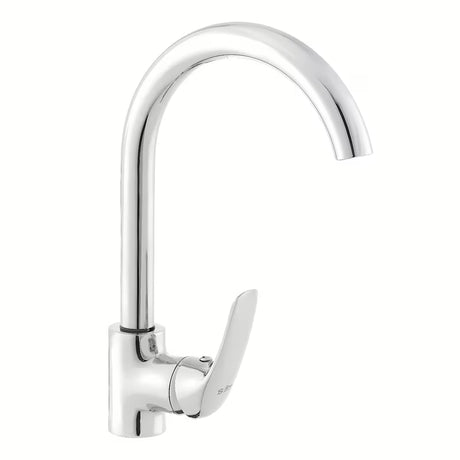 Kromirana enoročna stoječa armatura za pomivalno korito S-Line Pro z vrtljivim izlivom i uvučenim perlatorom.