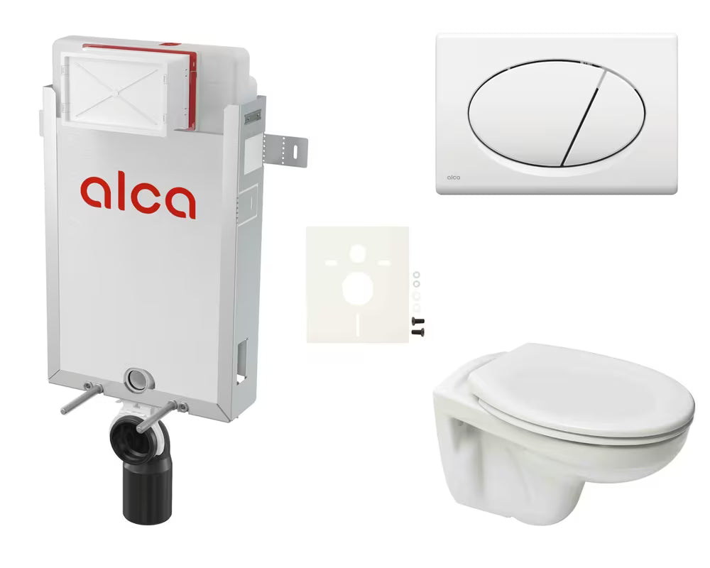 Viseči WC set SIKO S-Line Pro za vgradnjo s skritim splakovanjem in belim tipkalom za splakovanje