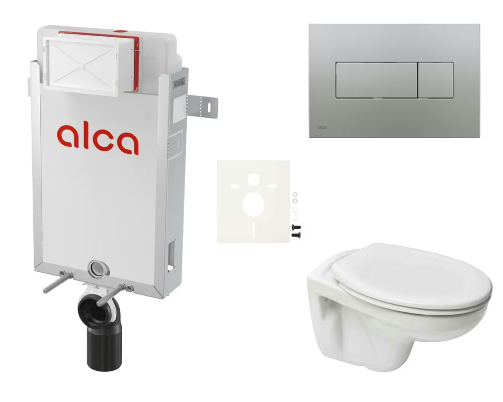 Viseči WC set S-Line Pro z modulom za vgradnjo, splakovalnikom Alca in tipkalom za splakovanje v mat kromu
