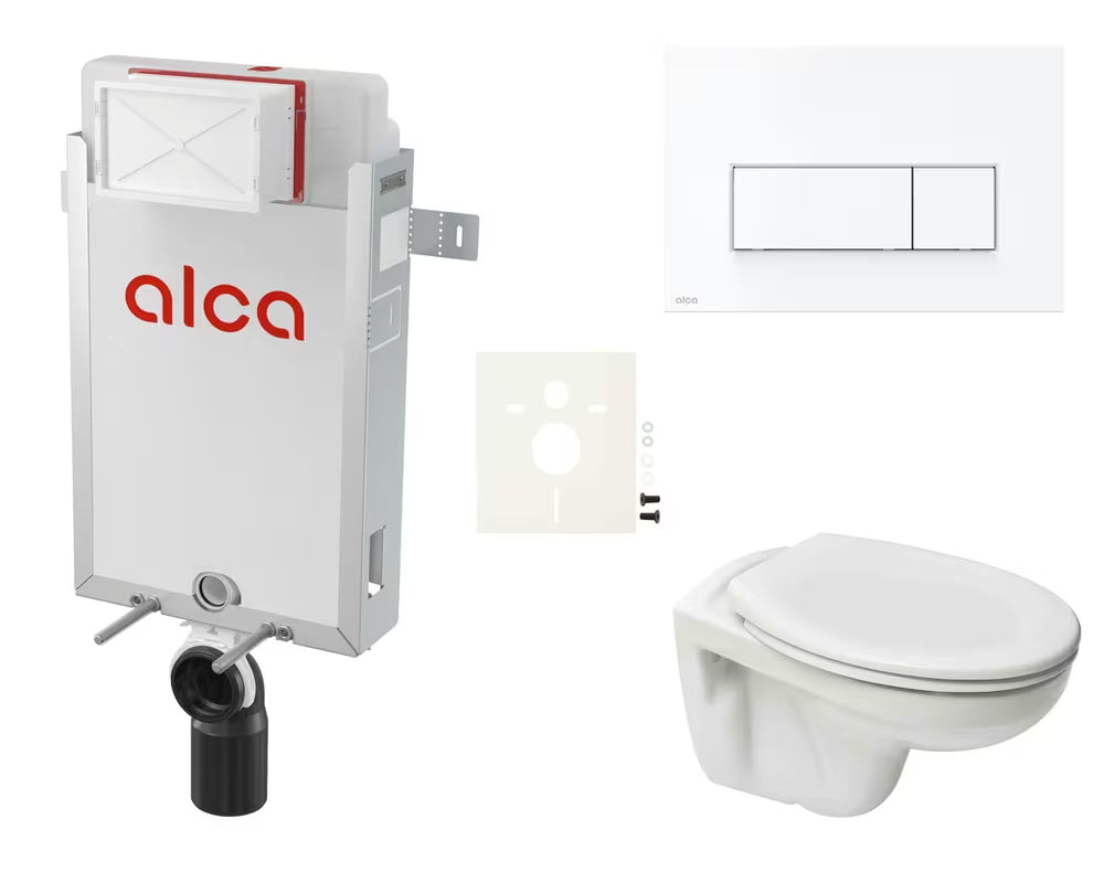 Viseči WC set S-Line Pro z modulom za vgradnjo, integriranim splakovalnikom in belim tipkalom za splakovanje.