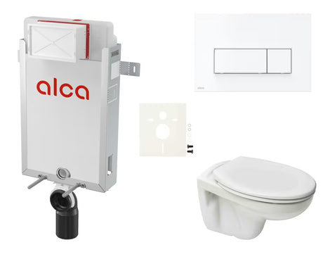 Viseči WC set S-Line Pro z modulom za vgradnjo, integriranim splakovalnikom in belim tipkalom za splakovanje.