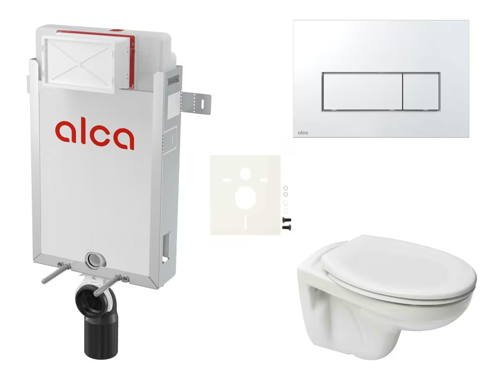 Viseči WC set S-Line Pro za vgradnjo v steno s podometnim splakovalnikom in tipko za splakovanje v sijaj krom izvedbi.
