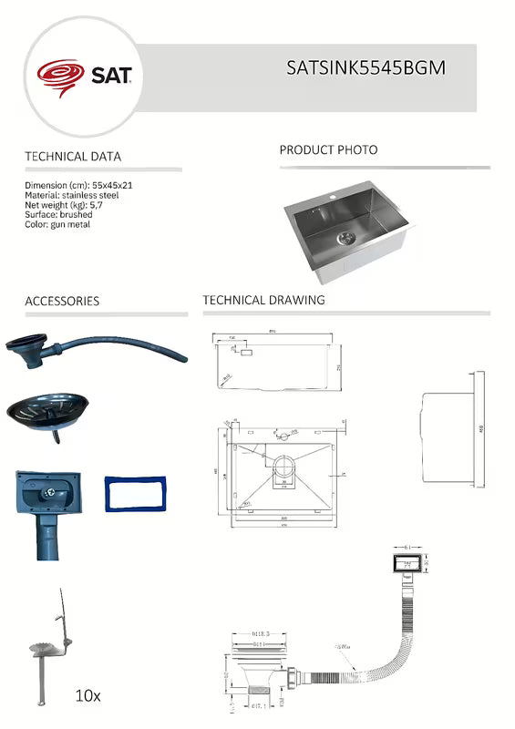 Kuhinjski sudoper od nehrđajućeg čelika enojno korito SAT Aurum gun metal, ugradnja za delovni pult, brez odcejalnika