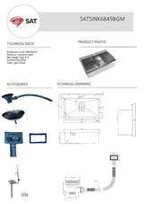 Kuhinjski inox enojno korito SAT Aurum gun metal, montaža za delovni pult, 68x45x21 cm.