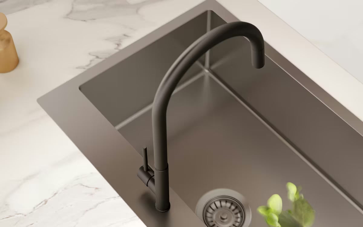 Kuhinjski inox enojno korito SAT Aurum gun metal, montaža za delovni pult, 68x45x21 cm.