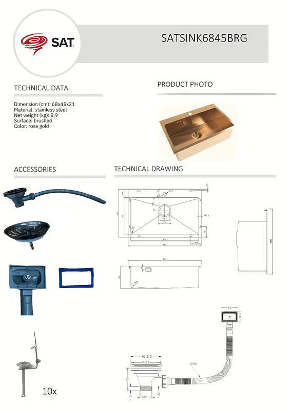 Kuhinjski enojno korito SAT Aurum rose gold od brušenog nehrđajućeg čelika, montaža za delovni pult
