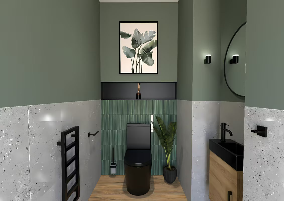 Ugradbena polica SAT Aurum u mat crnoj boji od nehrđajućeg čelika s okvirom oko niše.