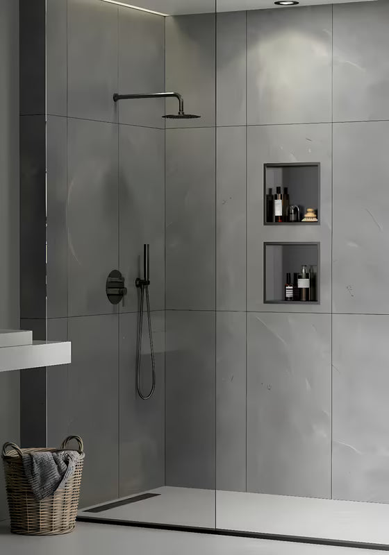 Vgradna polica SAT Aurum v barvi gun metal iz nerjavnega jekla 304 pro za moderno kopalnico