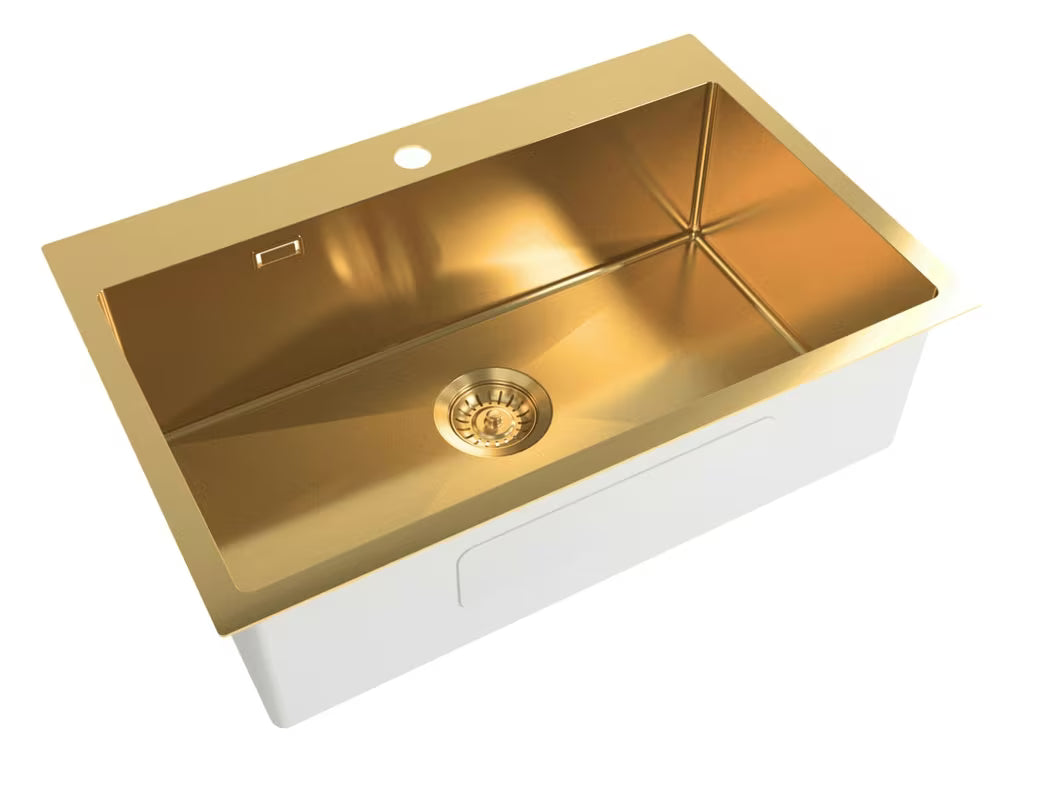 Kuhinjsko enojno korito SAT Aurum v izvedbi gold iz brušenega nerjavečega jekla pro montaža za delovni pult.