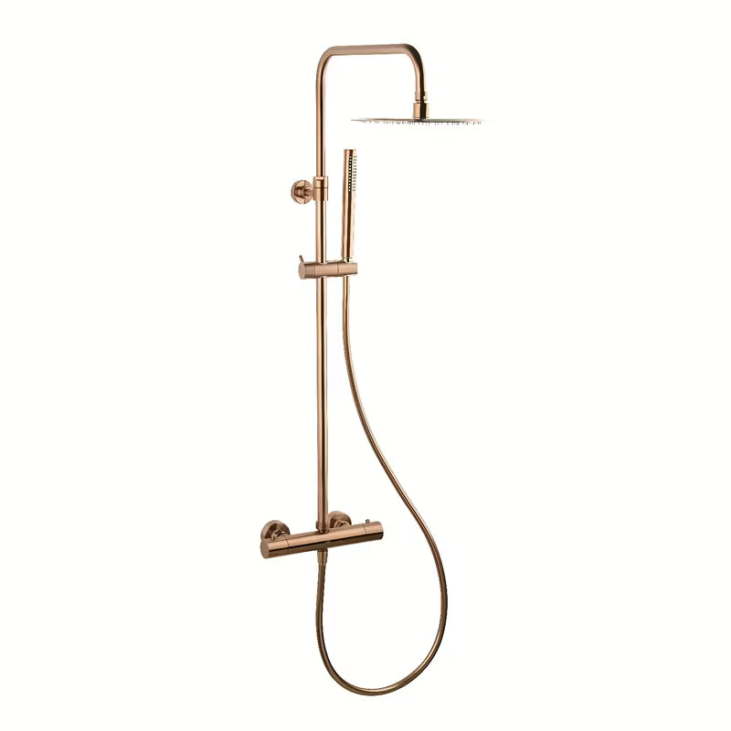 Tušni sistem SAT Aurum s termostatsko armaturo v izvedbi rose gold brushed z nadglavno in ročno prho.