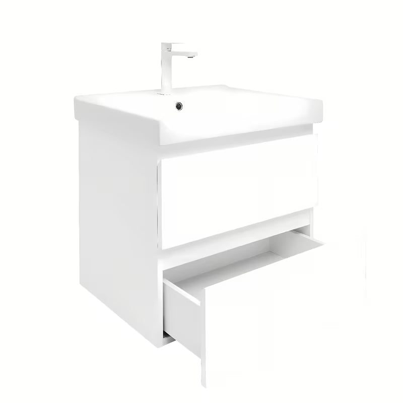 Viseča kopalniška omarica s keramičnim umivalnikom SAT B-Way 1 v beli sijajni barvi, 59x50x45 cm.
