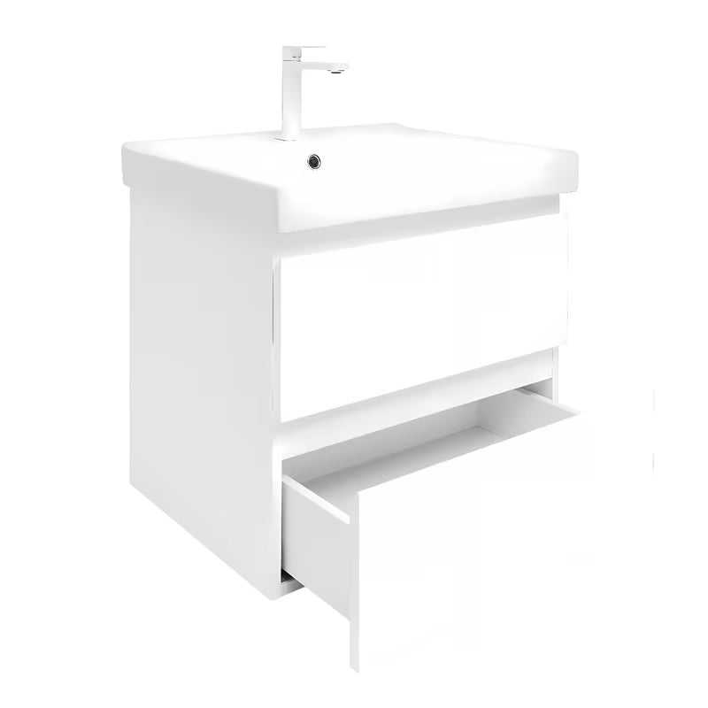 Viseča kopalniška omarica s keramičnim umivalnikom SAT B-Way 1 v beli sijajni barvi, 59x50x45 cm.