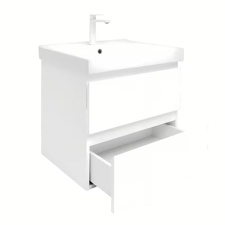 Viseča kopalniška omarica s keramičnim umivalnikom SAT B-Way 1 v beli sijajni barvi, 59x50x45 cm.