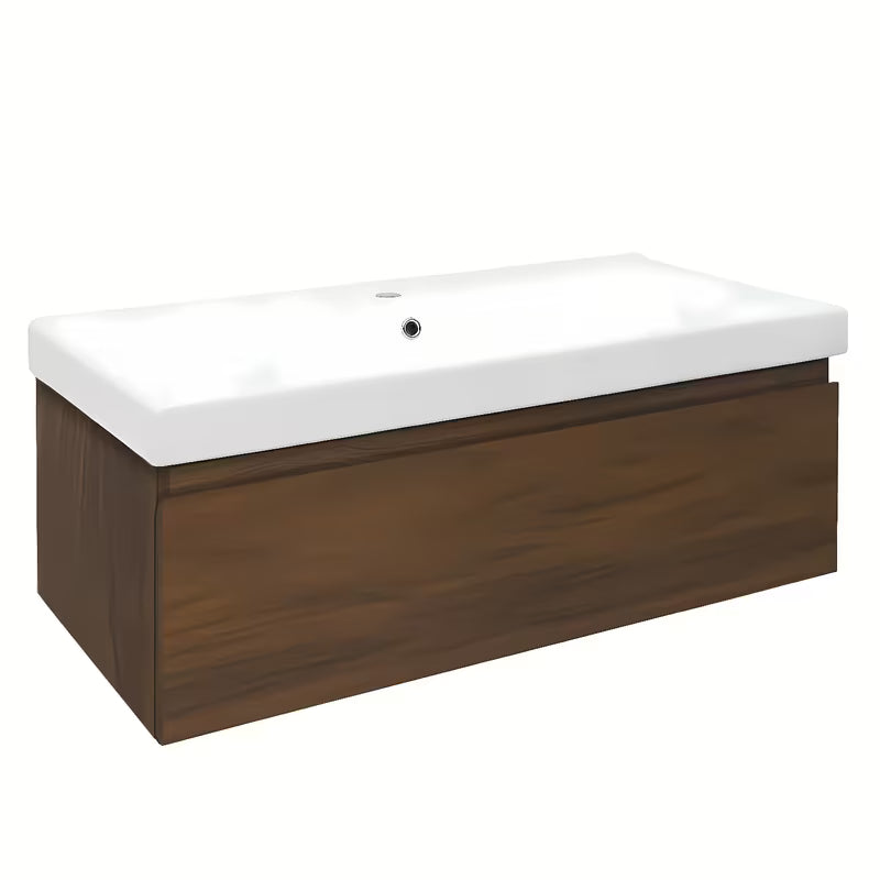 Viseča kopalniška omarica SAT B-Way s keramičnim umivalnikom v dekorju oreha z mat površino.