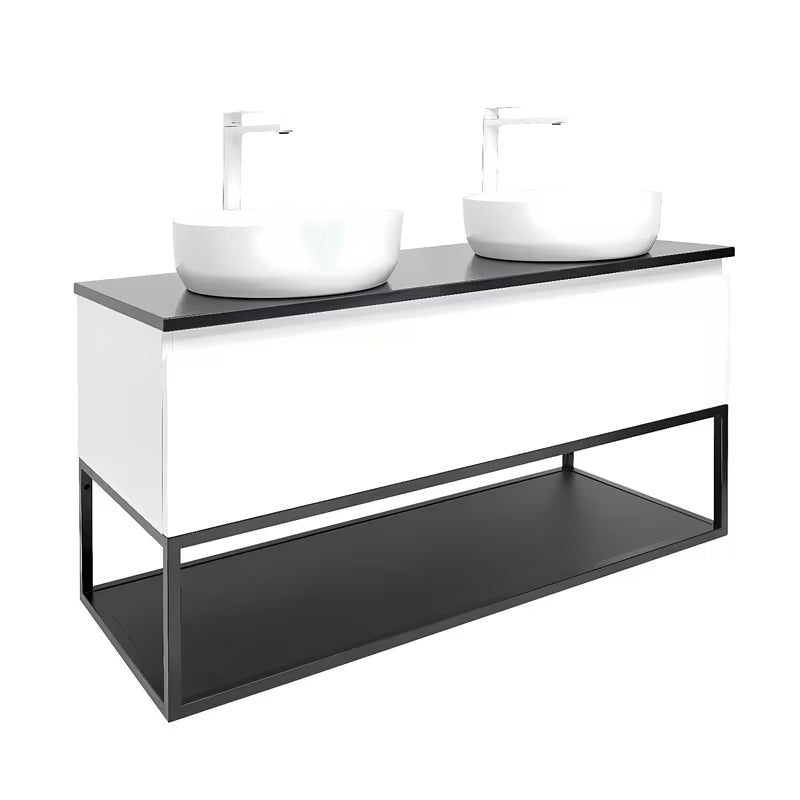 Viseča kopalniška omarica SAT B-Way u sjajnoj bijeloj boji s pokrivno ploščo i s dva umivaonika na pult