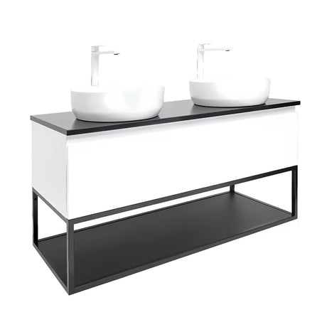 Viseča kopalniška omarica SAT B-Way u sjajnoj bijeloj boji s pokrivno ploščo i s dva umivaonika na pult