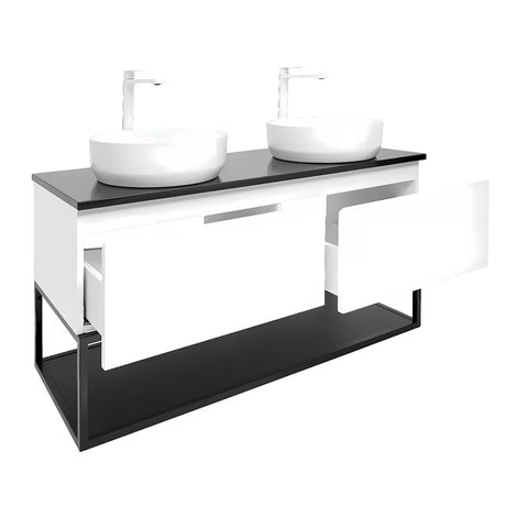 Viseča kopalniška omarica SAT B-Way u sjajnoj bijeloj boji s pokrivno ploščo i s dva umivaonika na pult