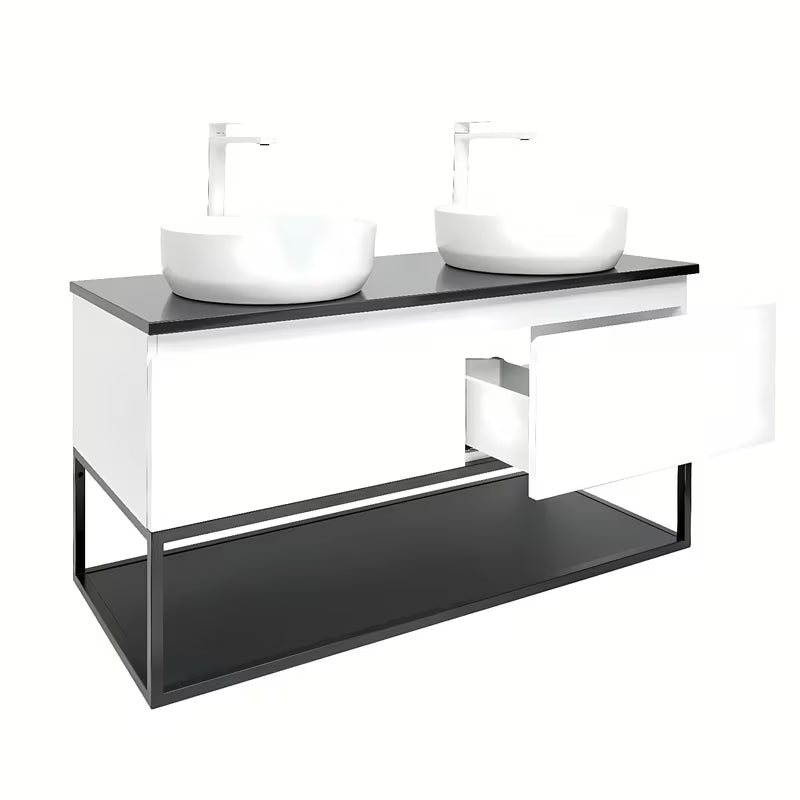 Viseča kopalniška omarica SAT B-Way u sjajnoj bijeloj boji s pokrivno ploščo i s dva umivaonika na pult