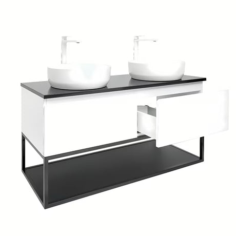 Viseča kopalniška omarica SAT B-Way u sjajnoj bijeloj boji s pokrivno ploščo i s dva umivaonika na pult