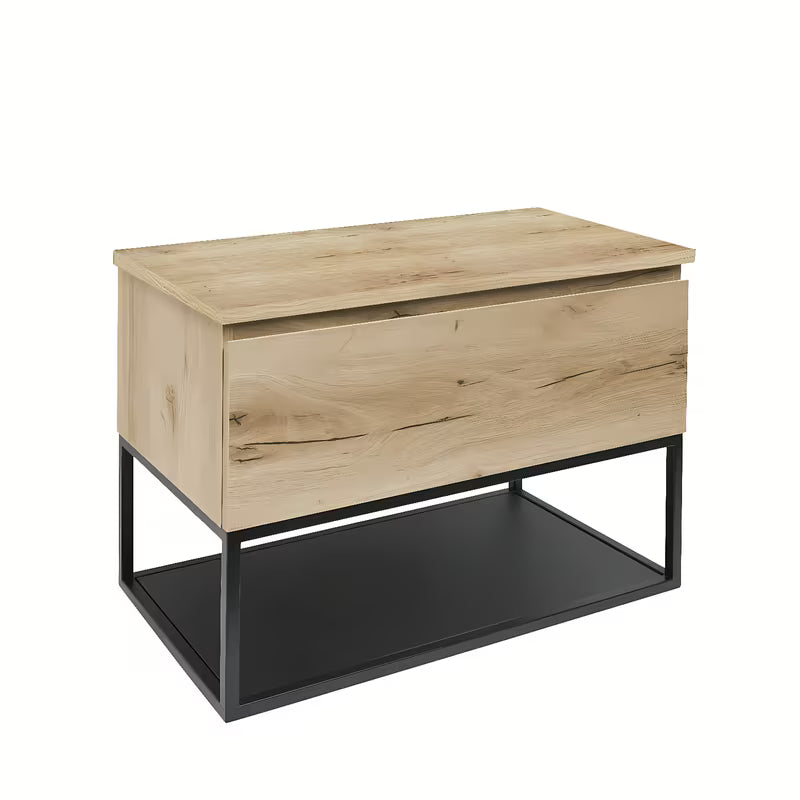 Viseča kopalniška omarica SAT B-Way u dekoru hrasta s pokrivno ploščo i crnim metalnim okvirom.