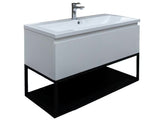 Bijela viseča omarica z umivalnikom SAT B-Way s crnim metalnim okvirom i umivaonikom od lijevanog mramora.