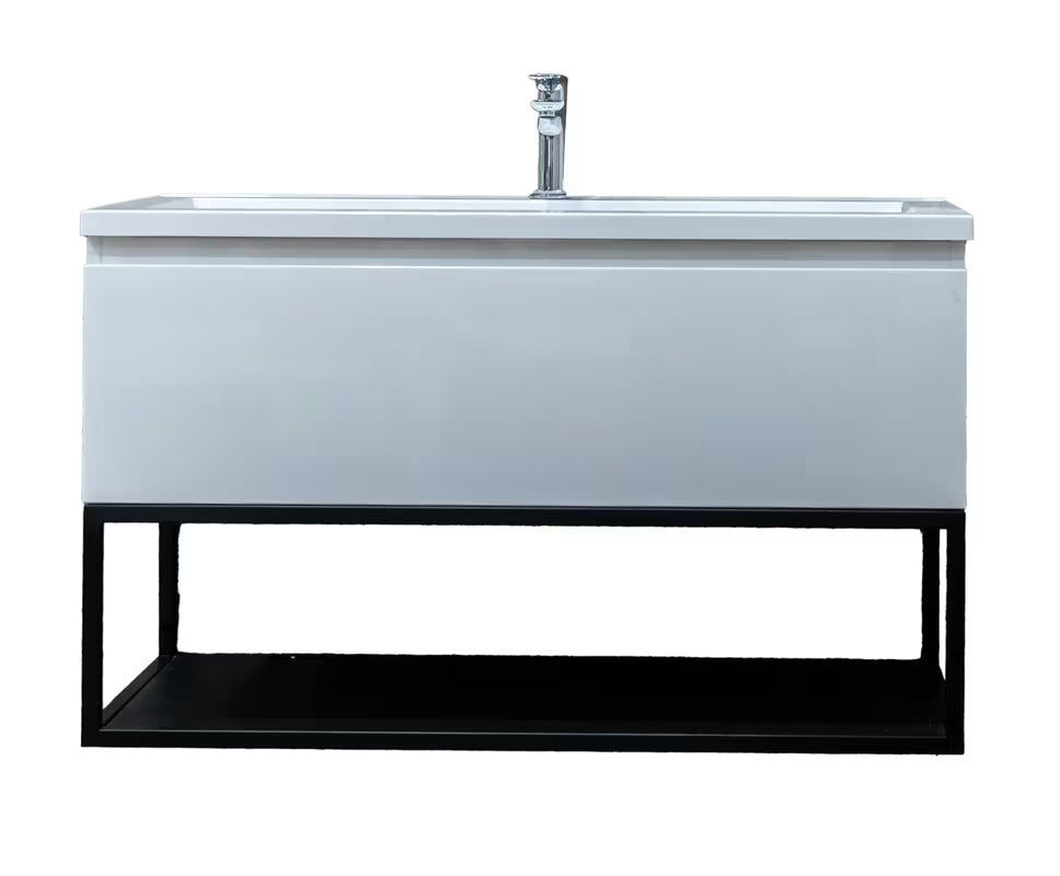 Bijela viseča omarica z umivalnikom SAT B-Way s crnim metalnim okvirom i umivaonikom od lijevanog mramora.