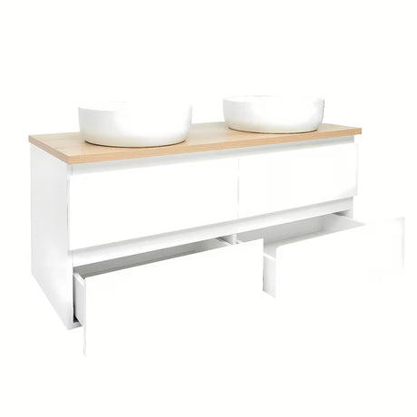 Viseča ormarić s umivaonicima SAT B-Way u sjajno bijeloj boji s pokrivno ploščo u dekoru hrasta