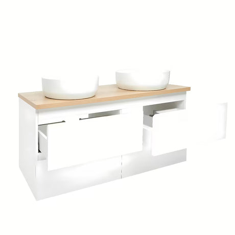 Viseča ormarić s umivaonicima SAT B-Way u sjajno bijeloj boji s pokrivno ploščo u dekoru hrasta