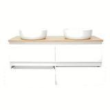 Viseča ormarić s umivaonicima SAT B-Way u sjajno bijeloj boji s pokrivno ploščo u dekoru hrasta