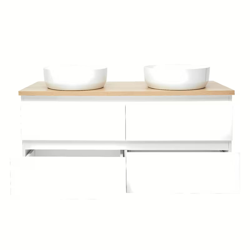 Viseča ormarić s umivaonicima SAT B-Way u sjajno bijeloj boji s pokrivno ploščo u dekoru hrasta