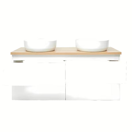 Viseča ormarić s umivaonicima SAT B-Way u sjajno bijeloj boji s pokrivno ploščo u dekoru hrasta