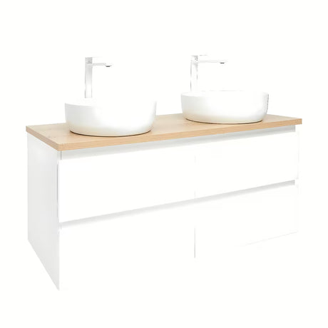 Viseča kopalniška omarica SAT B-Way u sjajno bijeloj boji s hrastovom pločom i dva umivaonika na pult