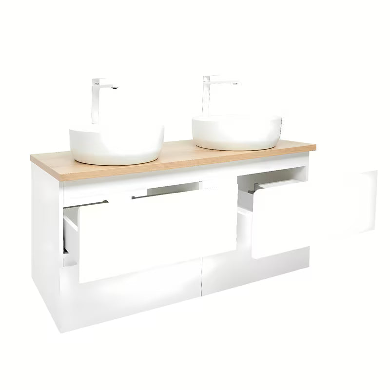 Viseča kopalniška omarica SAT B-Way u sjajno bijeloj boji s hrastovom pločom i dva umivaonika na pult