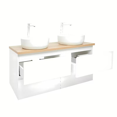 Viseča kopalniška omarica SAT B-Way u sjajno bijeloj boji s hrastovom pločom i dva umivaonika na pult