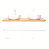 Viseča kopalniška omarica SAT B-Way u sjajno bijeloj boji s hrastovom pločom i dva umivaonika na pult