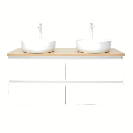 Viseča kopalniška omarica SAT B-Way u sjajno bijeloj boji s hrastovom pločom i dva umivaonika na pult