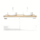 Viseča kopalniška omarica SAT B-Way u sjajno bijeloj boji s hrastovom pločom i dva umivaonika na pult