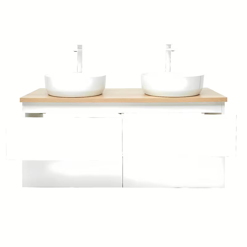 Viseča kopalniška omarica SAT B-Way u sjajno bijeloj boji s hrastovom pločom i dva umivaonika na pult