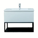 Viseča omarica z umivalnikom SAT B-Way u bijeloj sjajnoj izvedbi s crnim metalnim okvirom.