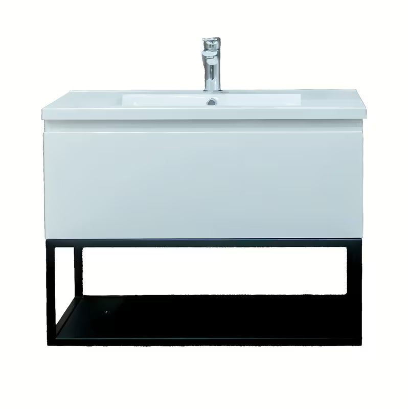 Viseča omarica z umivalnikom SAT B-Way u bijeloj sjajnoj izvedbi s crnim metalnim okvirom.