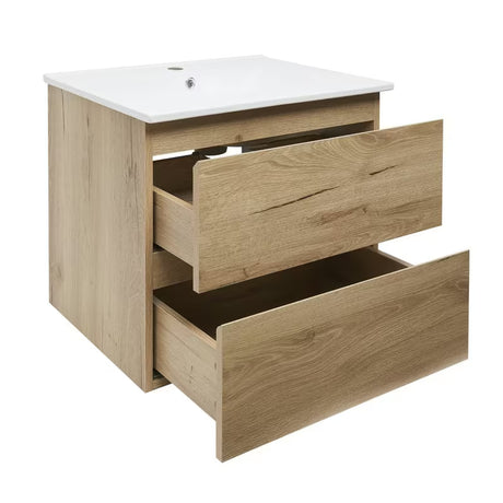 Viseča kopalniška omarica SAT B-Way u dekoru hrasta s keramičkim umivaonikom i dvije ladice