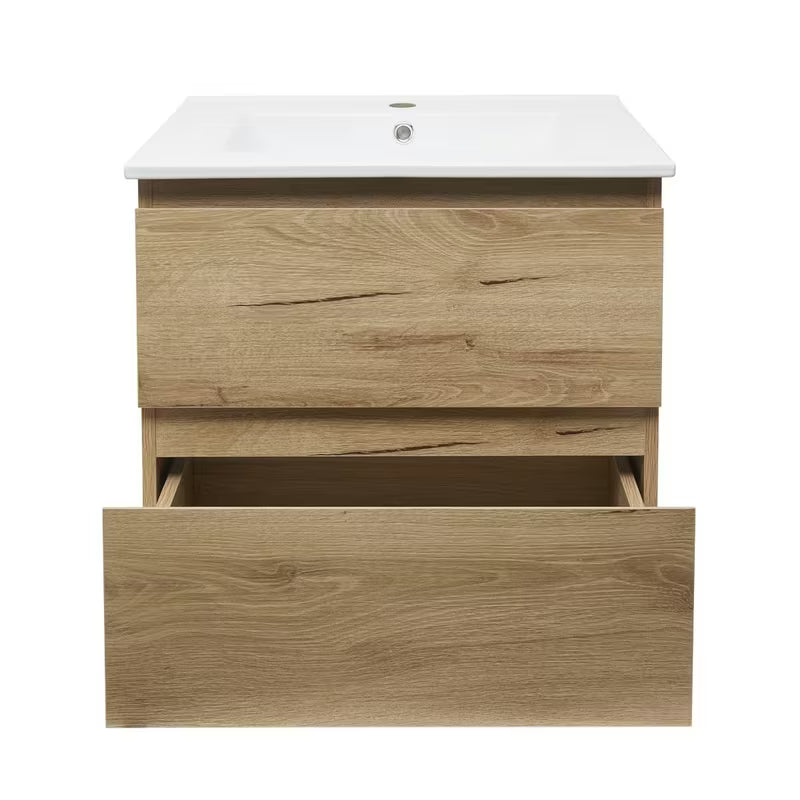 Viseča kopalniška omarica SAT B-Way u dekoru hrasta s keramičkim umivaonikom i dvije ladice