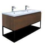 Viseča kopalniška omarica SAT B-Way u dekoru oraha s crnim metalnim okvirom i dvostrukim umivaonikom.