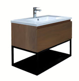 Viseča kopalniška omarica SAT B-Way u dekoru oraha s crnim metalnim okvirom i umivaonikom