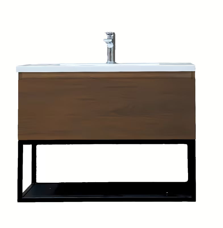 Viseča kopalniška omarica SAT B-Way u dekoru oraha s crnim metalnim okvirom i umivaonikom