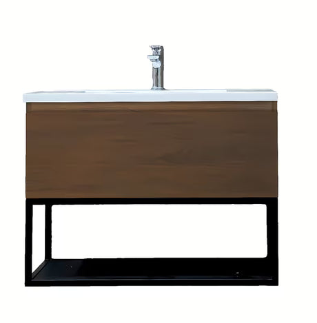 Viseča kopalniška omarica SAT B-Way u dekoru oraha s crnim metalnim okvirom i umivaonikom