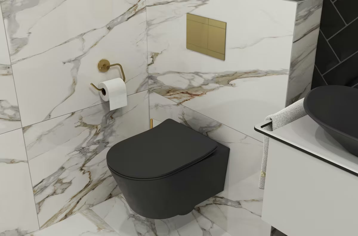 Črno-mat viseča WC školjka SAT Brevis s skritim pritrjevanjem in sedežem mehko Zapiranje Soft Close